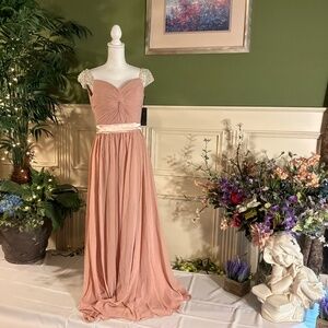 Long formal blush pink chiffon dress pearl bead cap sleeves